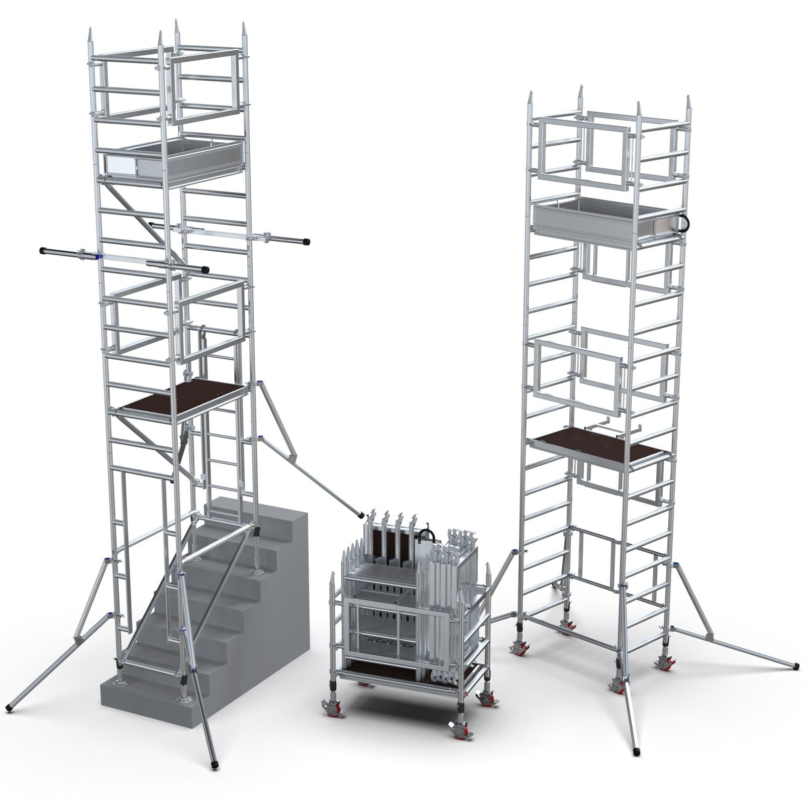 An Alto stairwell Pro Tower, an Alto mini Tower and a Mini Tower inside its trolley.