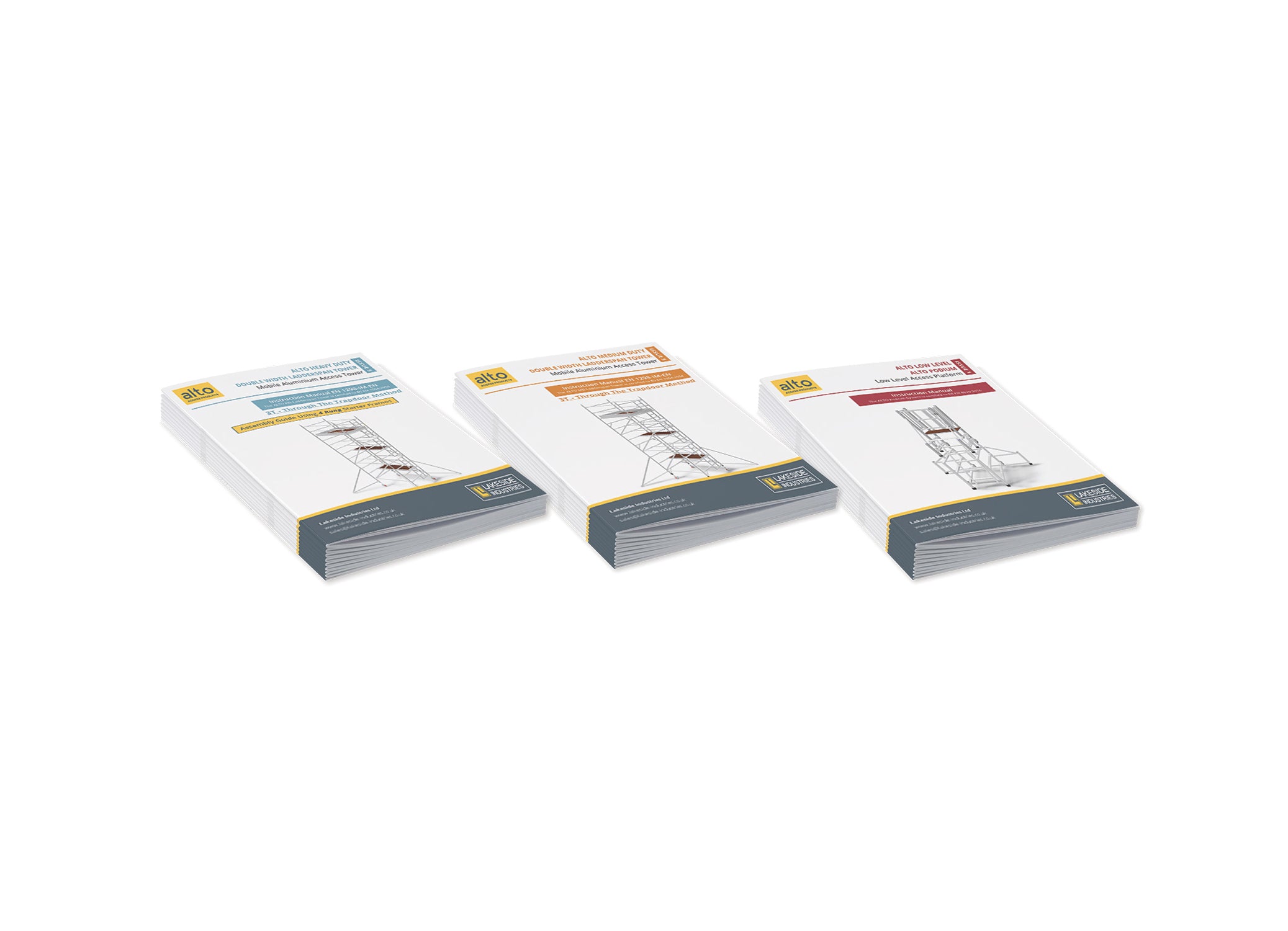 A photo showing 3 stacks of instruction manuals
