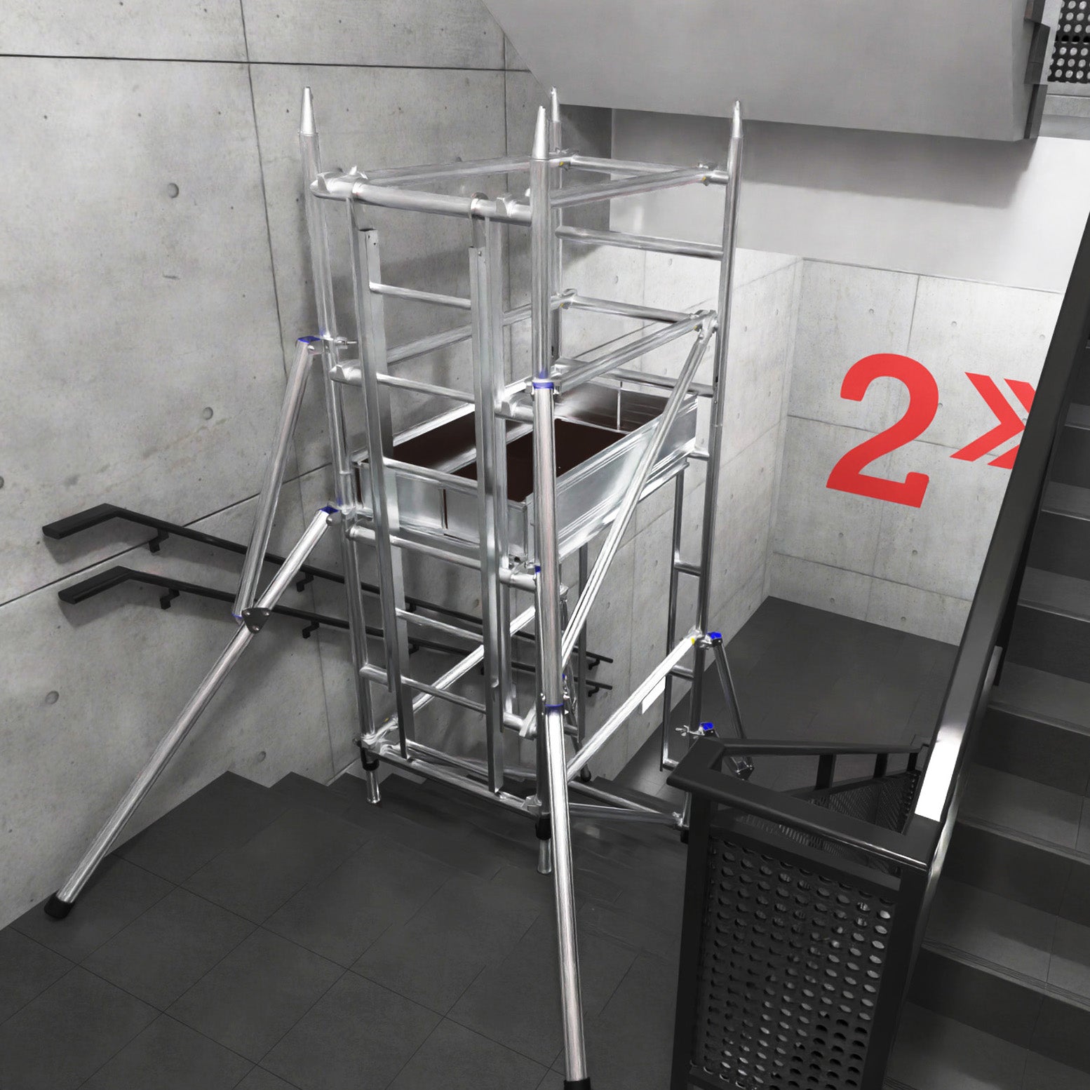 A photo showing the Alto Stairwell Pro Tower on an emergancy exit staircase.