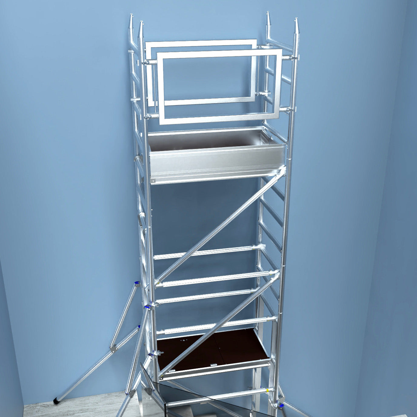 A photo of the Alto Stairwell Pro Tower on a modern minimalist staircase with glass balustrading.