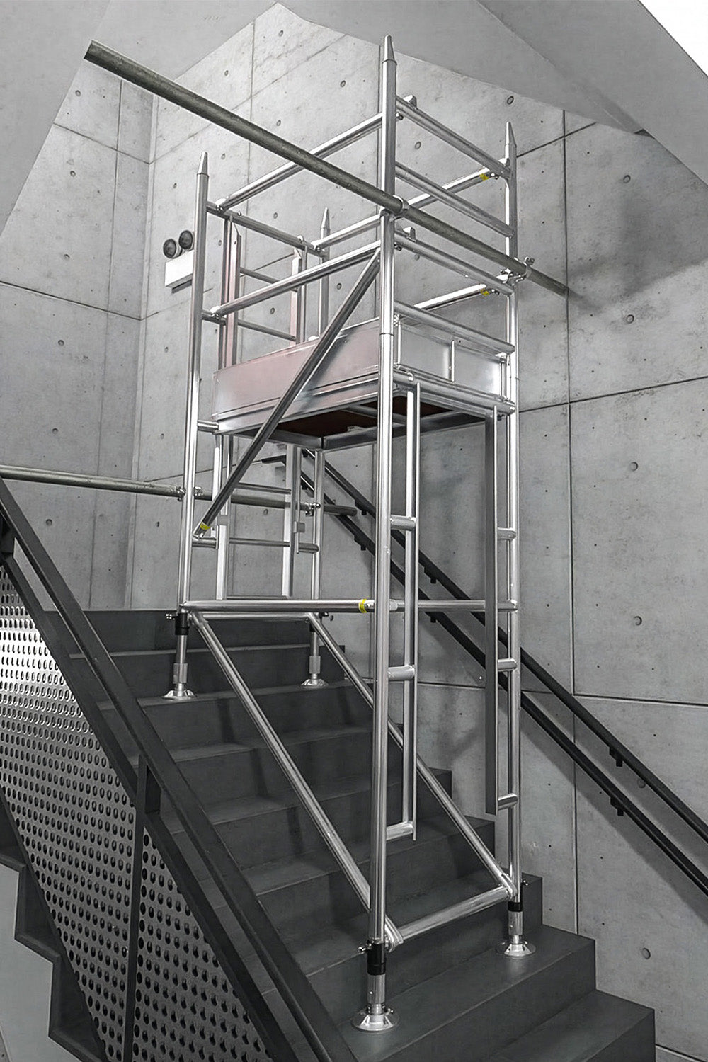 A photo showing the Alto Stairwell Pro Tower on an emergency exit staircase.