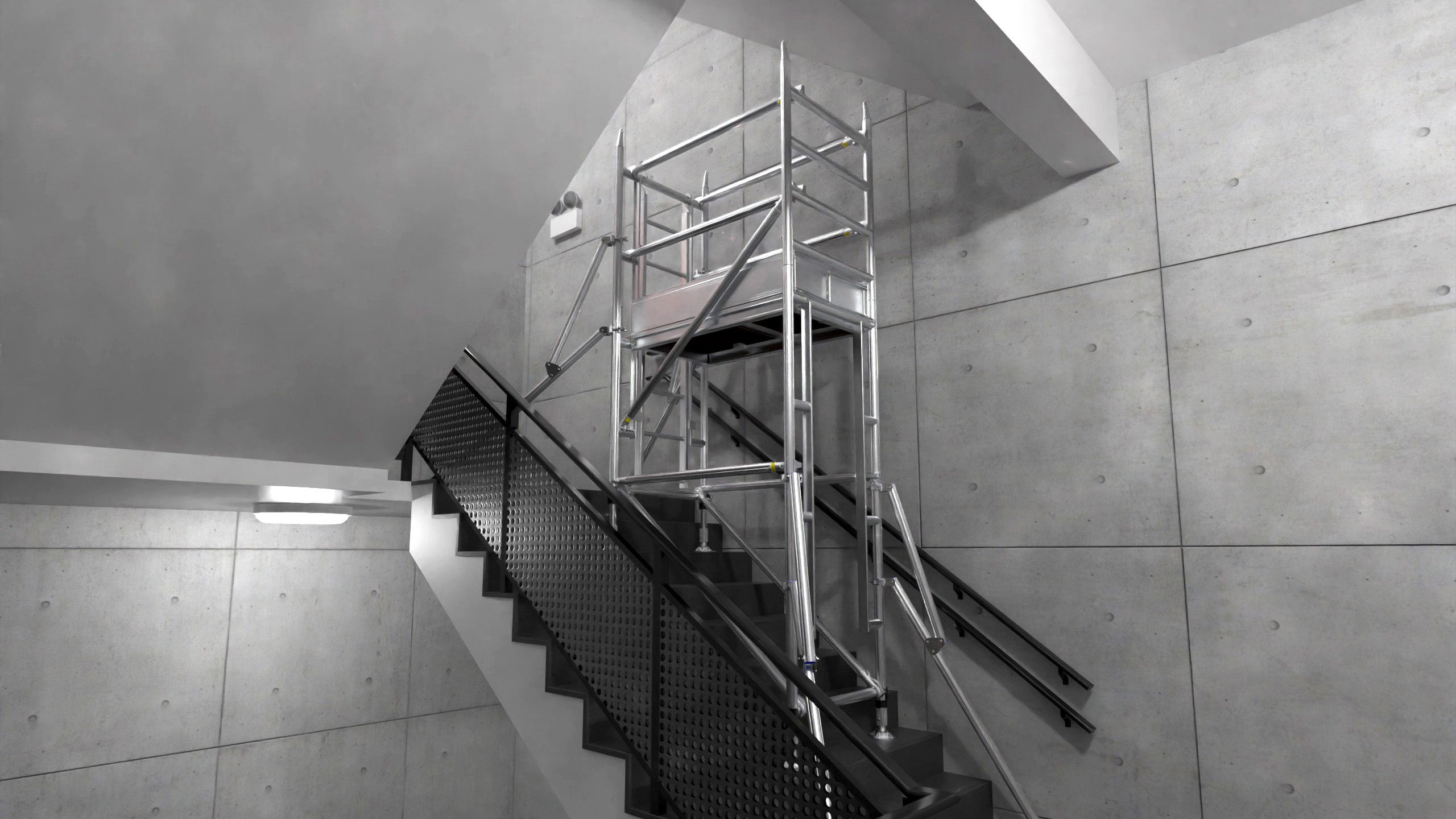 A photo showing the Alto Stairwell Pro Tower on an emergency exit staircase.