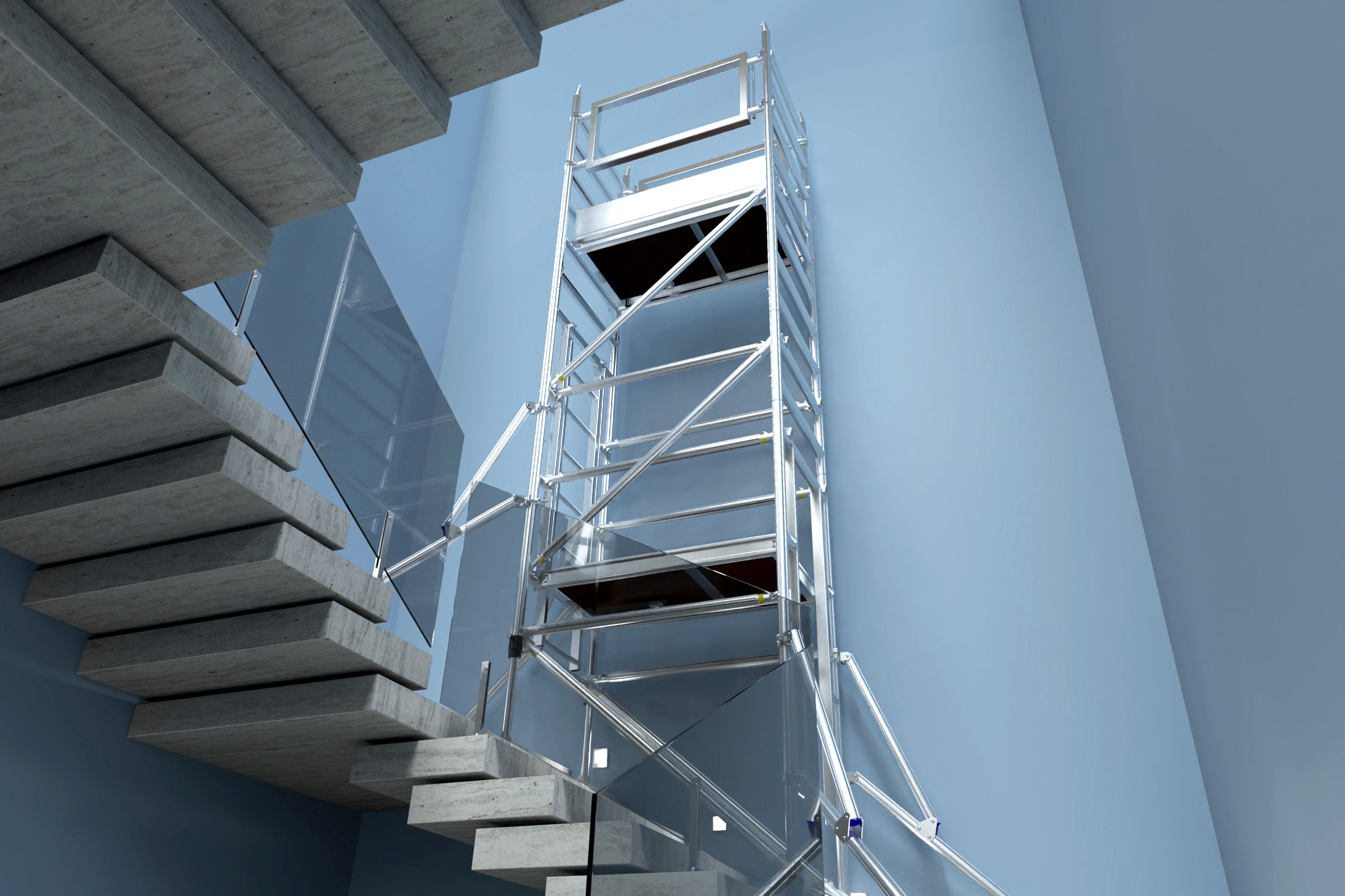 A photo of the Alto Stairwell Pro Tower on a modern minimalist staircase with glass balustrading.