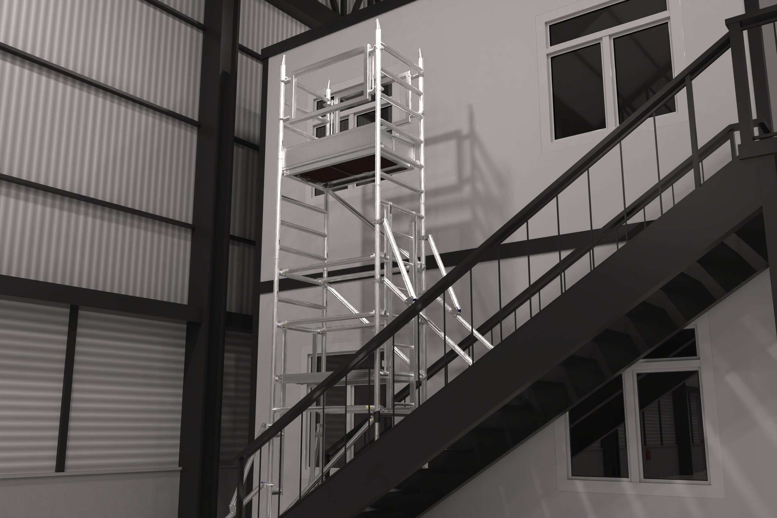 The Alto Stairwell Pro Tower on a factory mezzanine staircase.