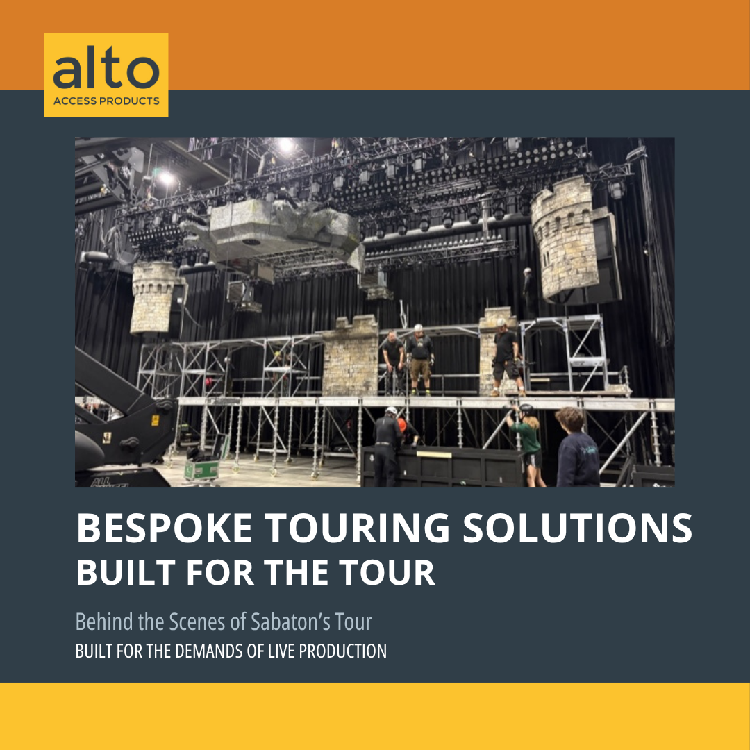 Backstage view of a custom aluminium touring rig on wheels, part of Sabaton’s European tour setup