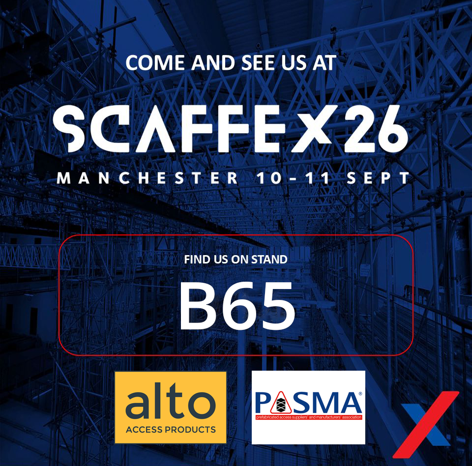Scaffold with blue overlay. White text Scaffex26, stand B65. Alto Access and PASMA logos at bottom