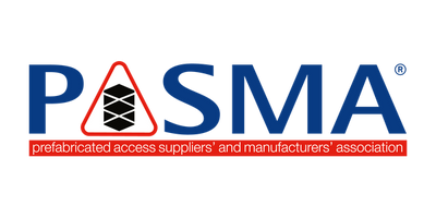 PASMA logo with a red triangle and black diamond symbol between the letters, and the red text 'prefabricated access suppliers' and manufacturers' association' on a white background.