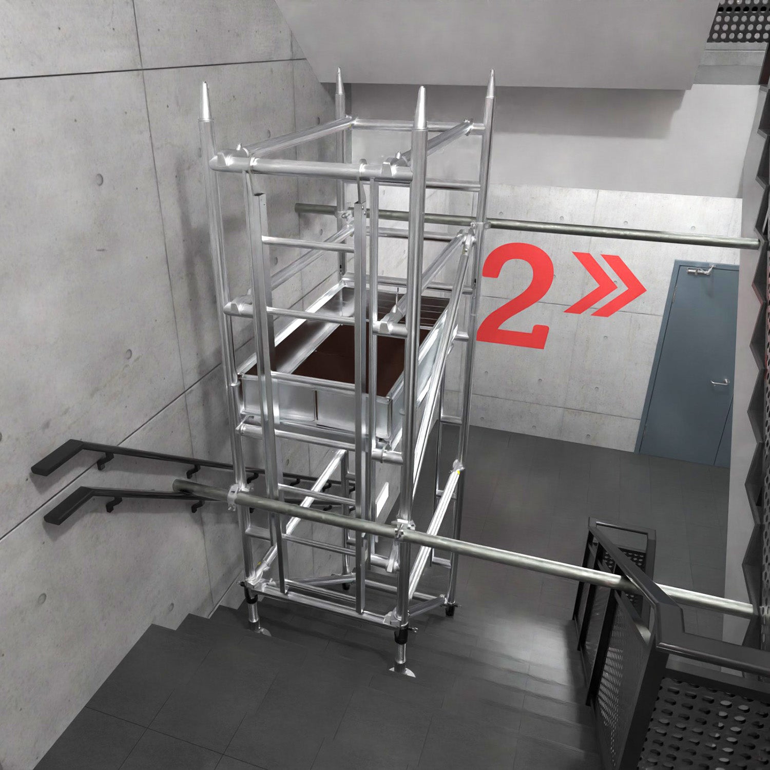 A photo showing the Alto Stairwell Pro Tower on an emergency exit staircase.